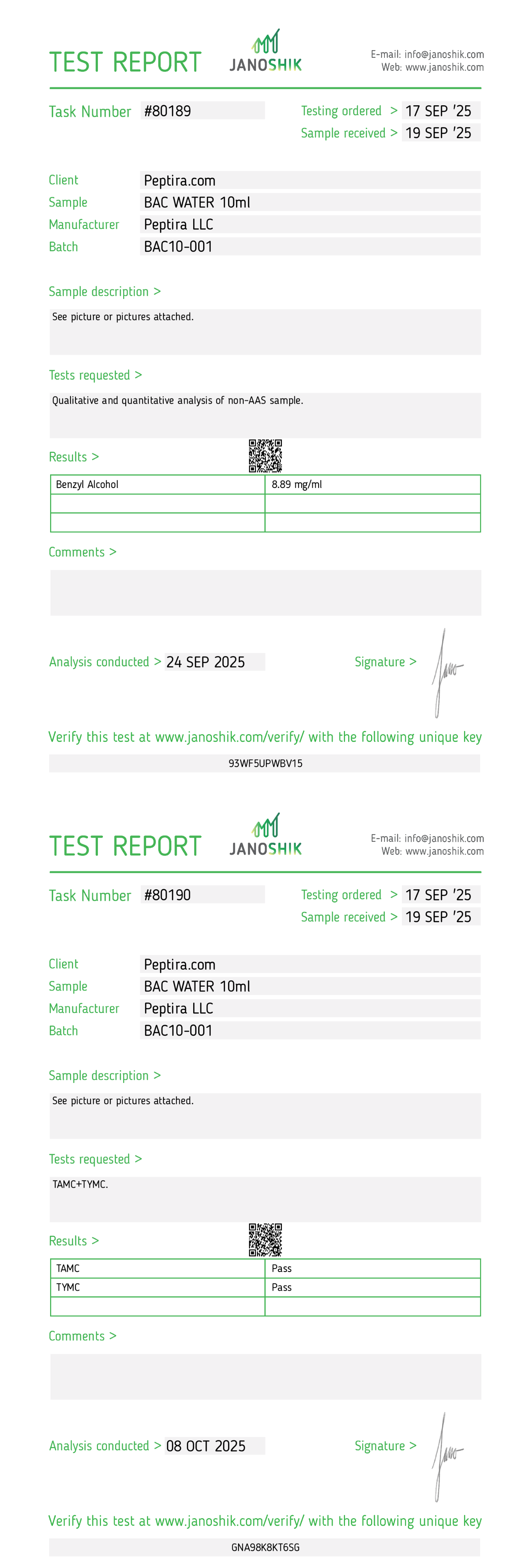 Bacteriostatic Water (10mL) Certificate of Analysis from Peptira