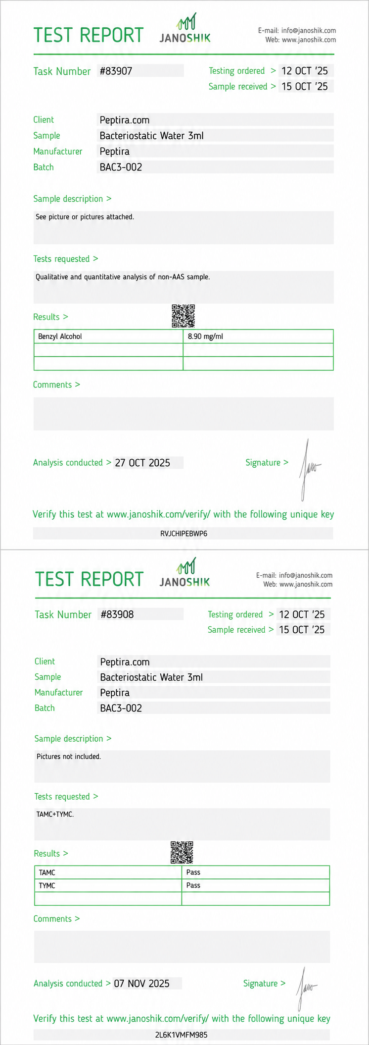 Bacteriostatic Water (3mL) Certificate of Analysis from Peptira