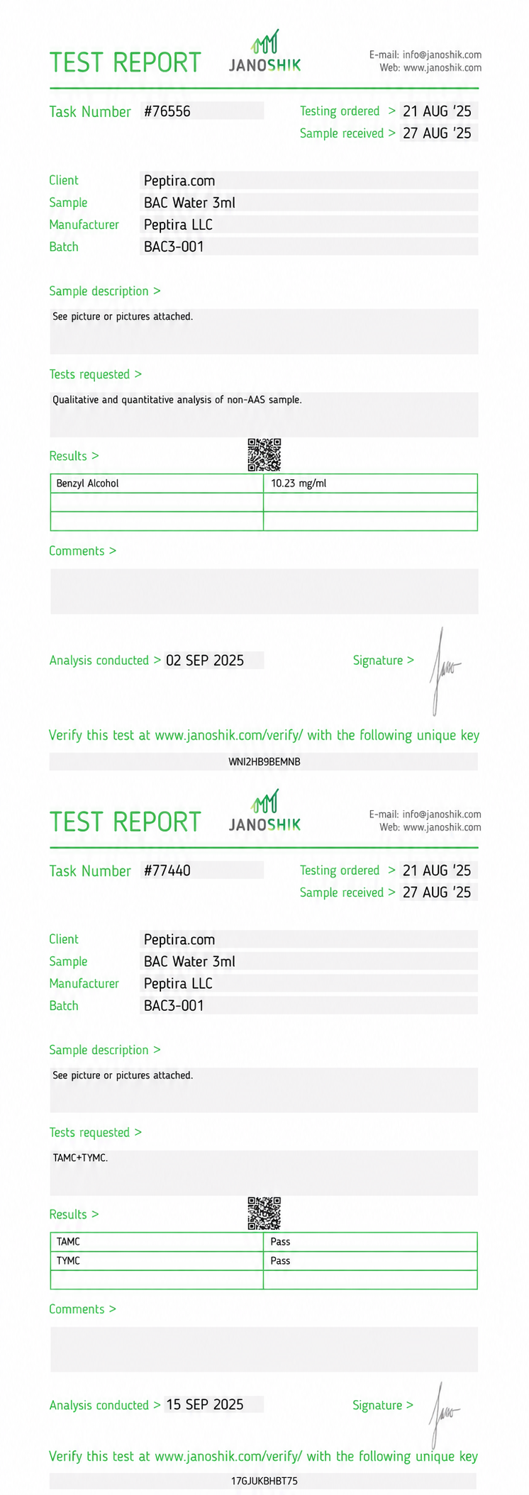 Bacteriostatic Water (3mL) Certificate of Analysis from Peptira